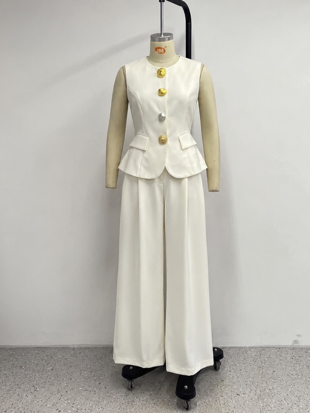 Sleeveless Ivory Peplum Vest & Wide-Leg Pants Set two piece